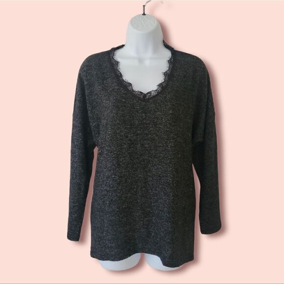 Soft Surroundings | EUC Heather Gray Sweater Lace V-neck Size L - Picture 1 of 7